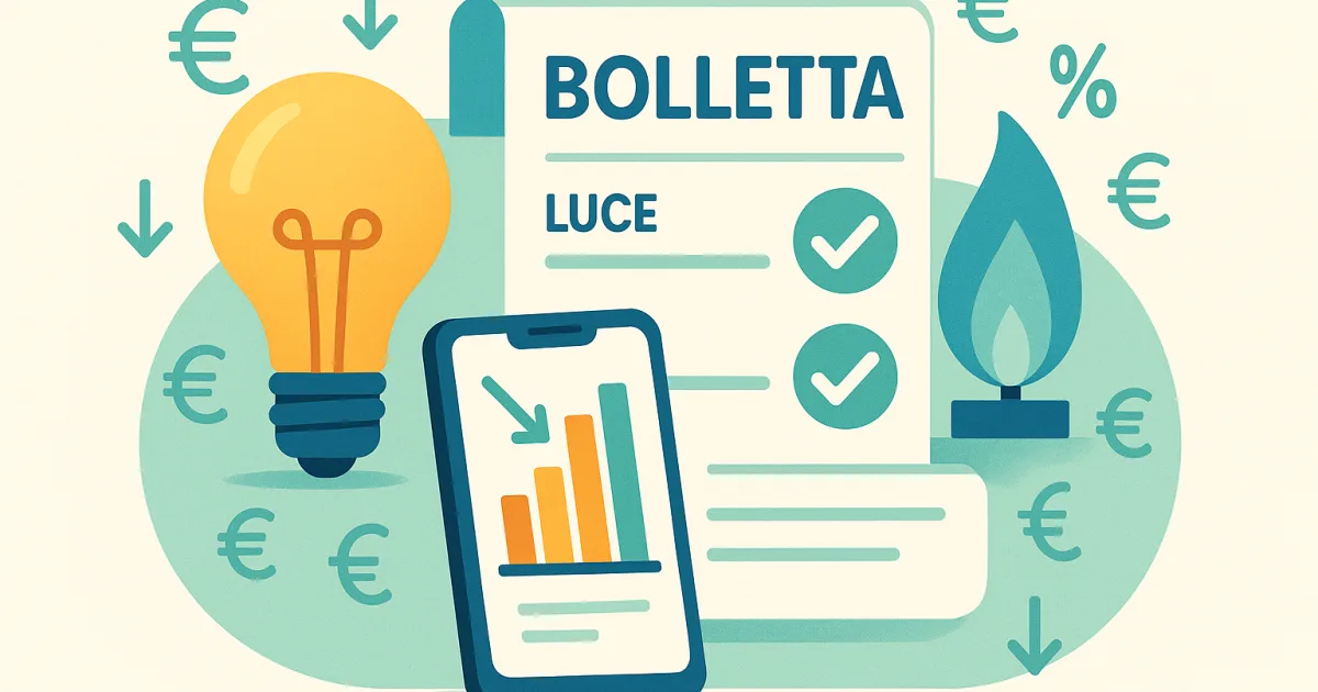 Illustrazione di una bolletta italiana con segni di risparmio, simboli di luce e gas e confronto tariffe su smartphone