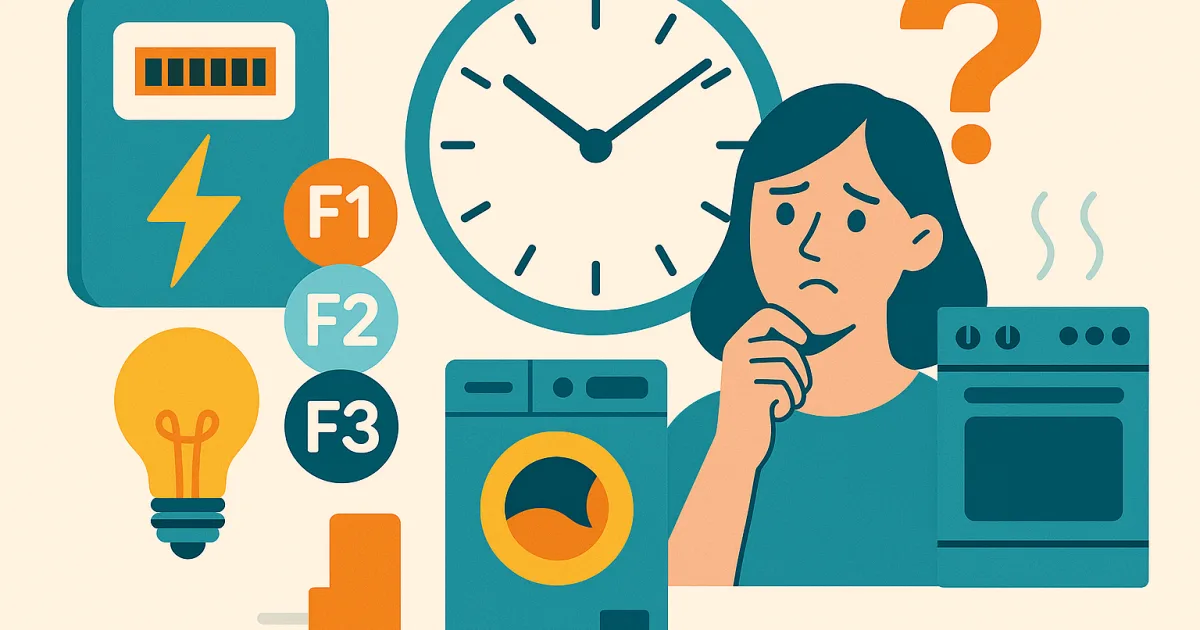 Illustrazione editoriale per l'articolo: Fasce Orarie F1 F2 F3 Perché le stai utilizzando male?