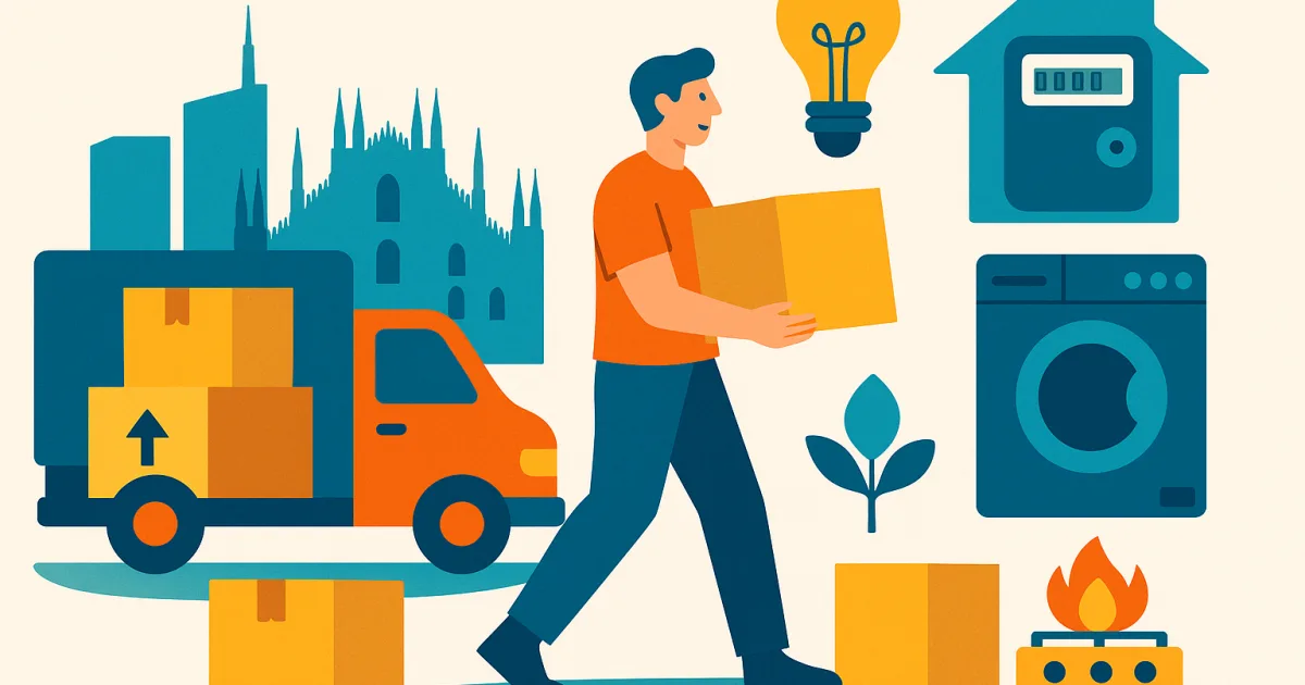 Illustrazione editoriale per l'articolo: Trasloco Milano Economico e Cambio Utenze