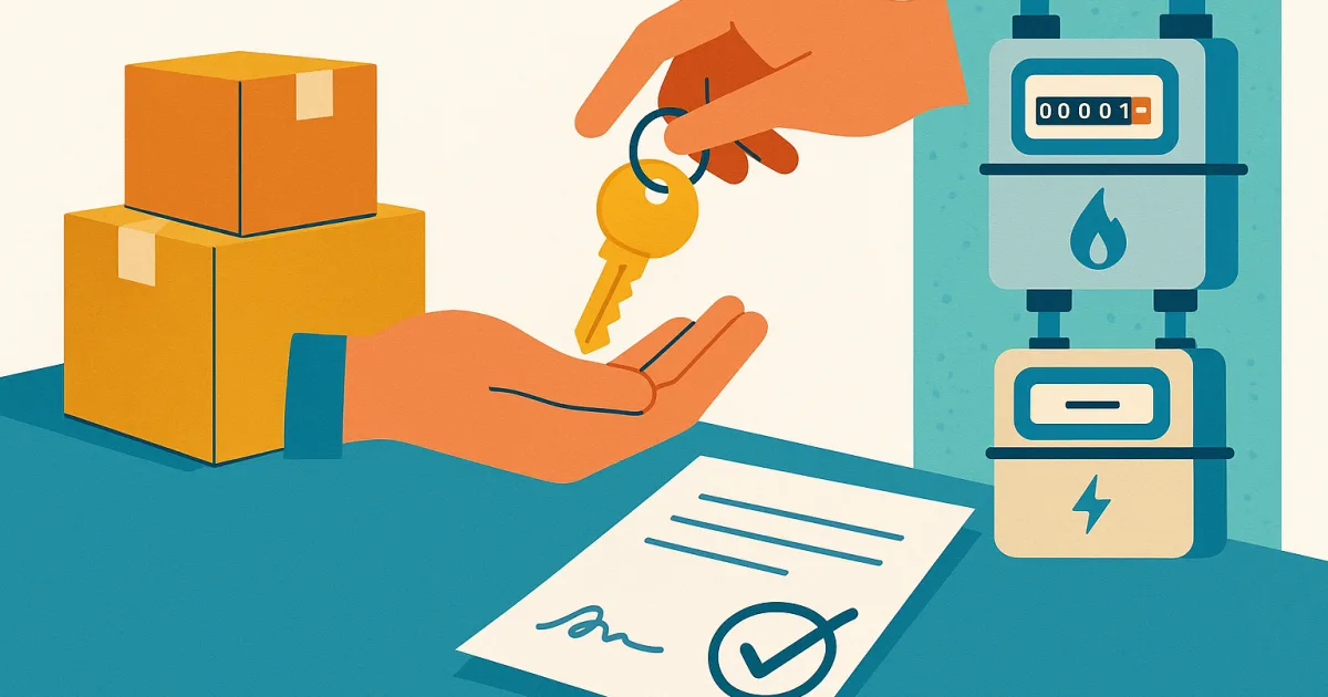 Illustrazione di scatole di trasloco, chiavi di casa, contatore elettrico e contratto firmato